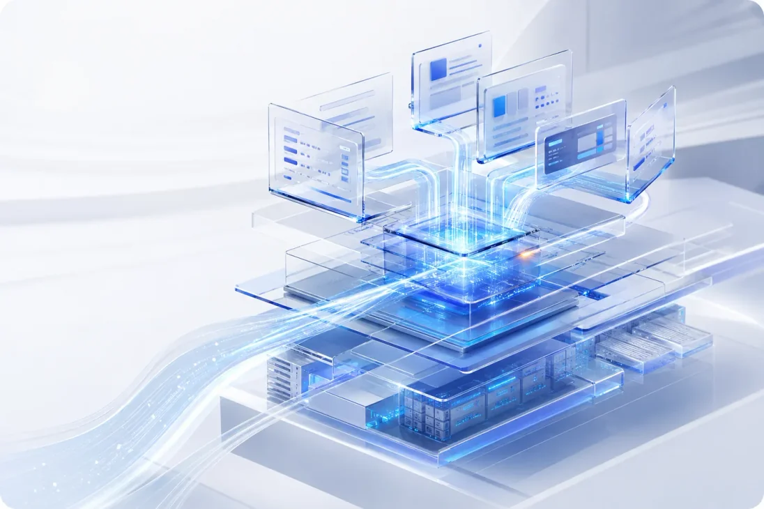 An abstract rendering of an Oracle APEX platform: application screens floating above a glowing processor, above a layer of database and storage racks, with light tracing the connections between them.