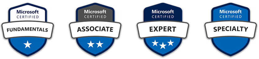 Microsoft Certified badges: Fundamentals, Associate, Expert and Specialty.